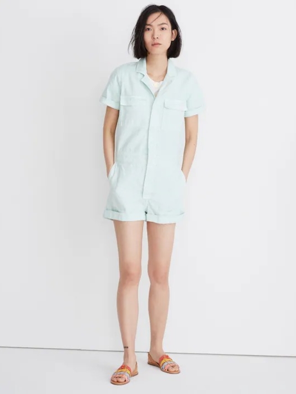 Madewell Denim Utility Mint Short-Sleeve Romper Size Xs